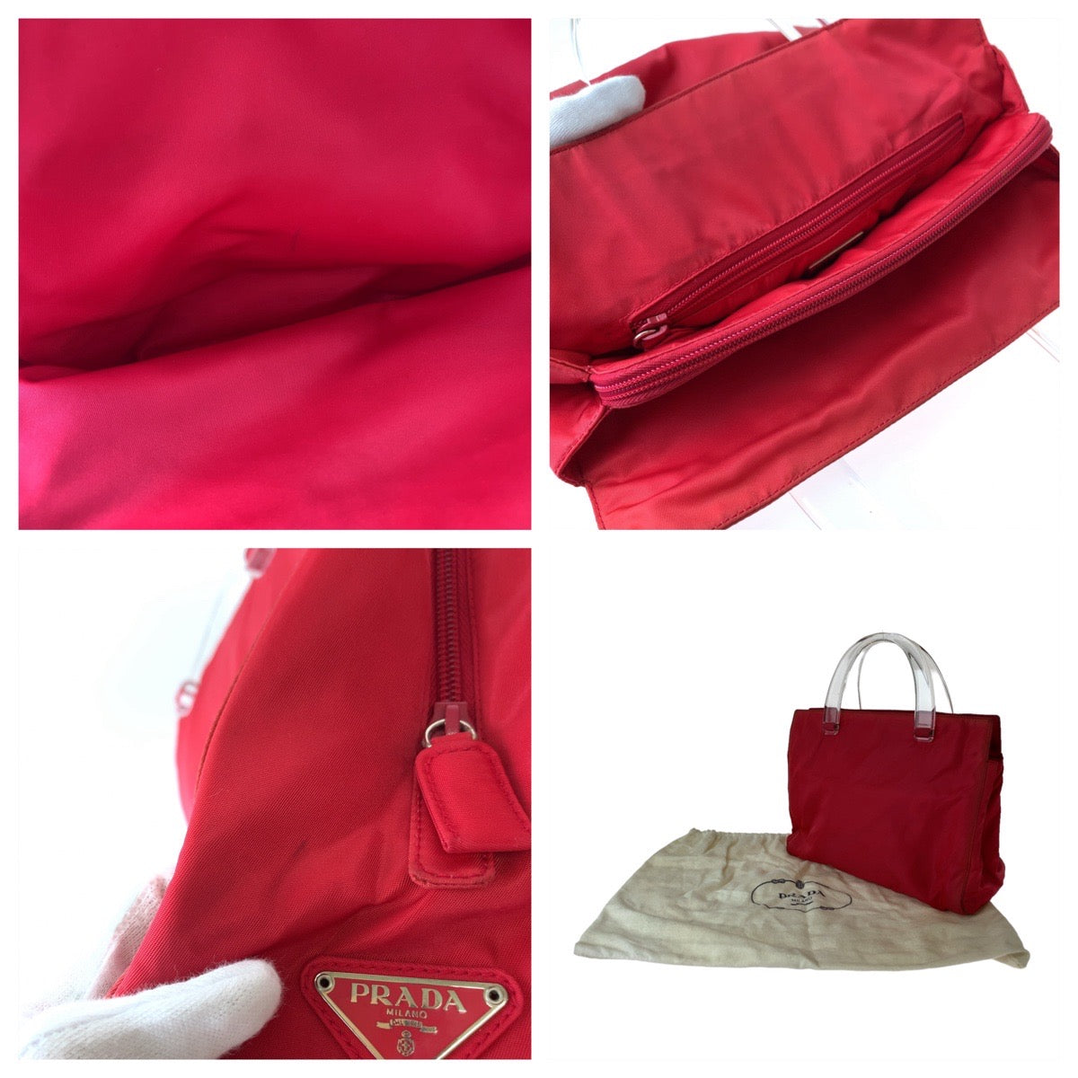 11819
PRADA プラダ テスート 三角ロゴプレート レッド クリア ナイロン B8169 トートバッグ ハンドバッグ  レディース