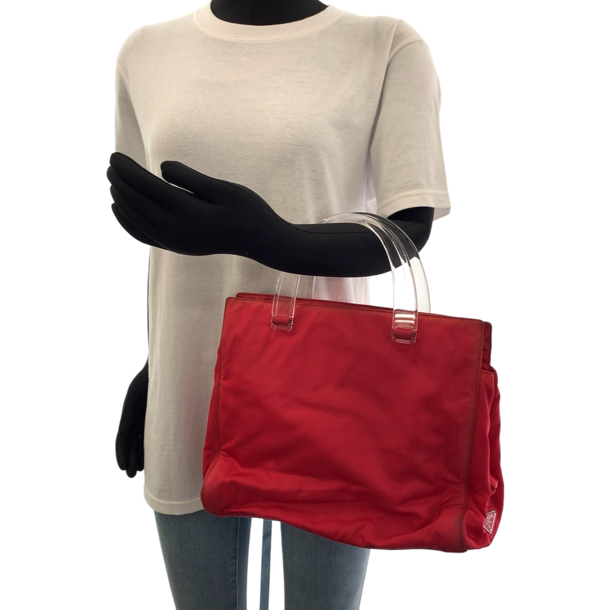 11819
PRADA プラダ テスート 三角ロゴプレート レッド クリア ナイロン B8169 トートバッグ ハンドバッグ  レディース
