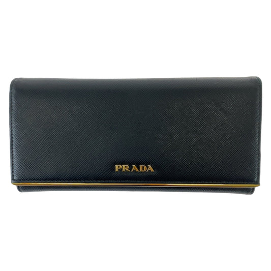 PRADA Prada Saffiano with pass case, black, gold hardware, leather, long wallet, women's