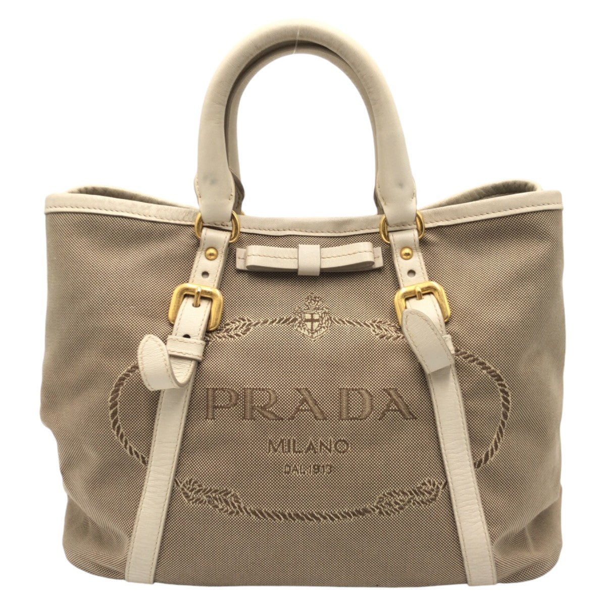 12897
PRADA プラダ ロゴジャガード ベージュ ゴールド金具 キャンバス トートバッグ ハンドバッグ  レディース