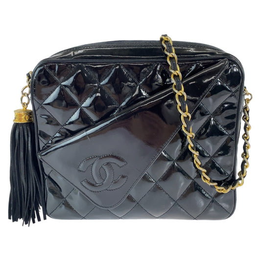 12262
CHANEL シャネル ヴィンテージ マトラッセ ココマーク フリンジ ブラック 黒 ゴールド金具 パテントレザー チェーンショルダーバッグ 斜め掛け  レディース