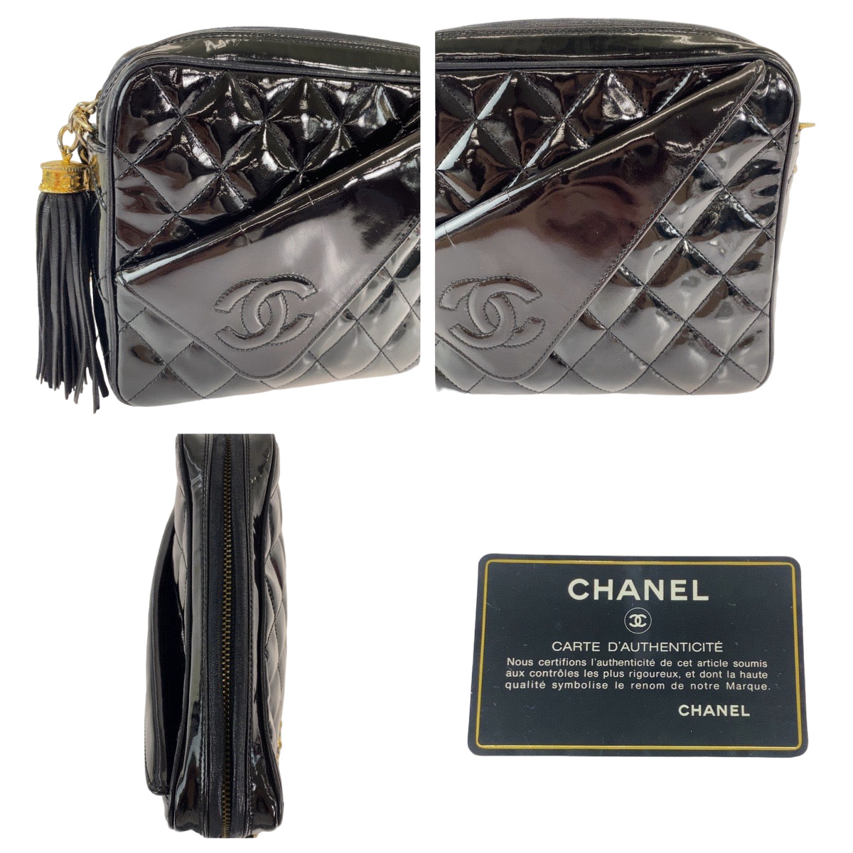 12262
CHANEL シャネル ヴィンテージ マトラッセ ココマーク フリンジ ブラック 黒 ゴールド金具 パテントレザー チェーンショルダーバッグ 斜め掛け  レディース