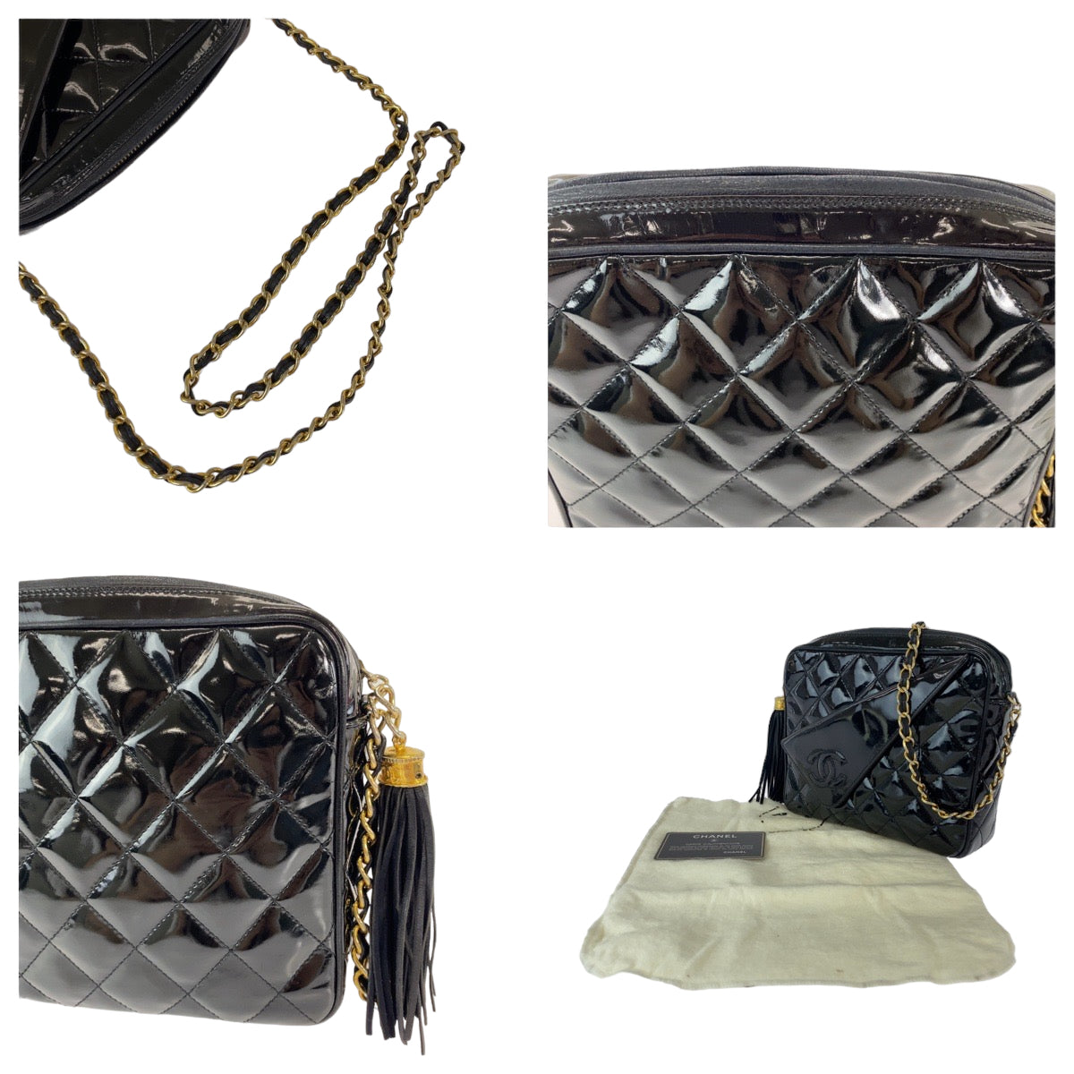 12262
CHANEL シャネル ヴィンテージ マトラッセ ココマーク フリンジ ブラック 黒 ゴールド金具 パテントレザー チェーンショルダーバッグ 斜め掛け  レディース