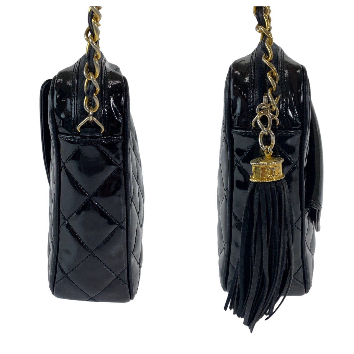 12262
CHANEL シャネル ヴィンテージ マトラッセ ココマーク フリンジ ブラック 黒 ゴールド金具 パテントレザー チェーンショルダーバッグ 斜め掛け  レディース