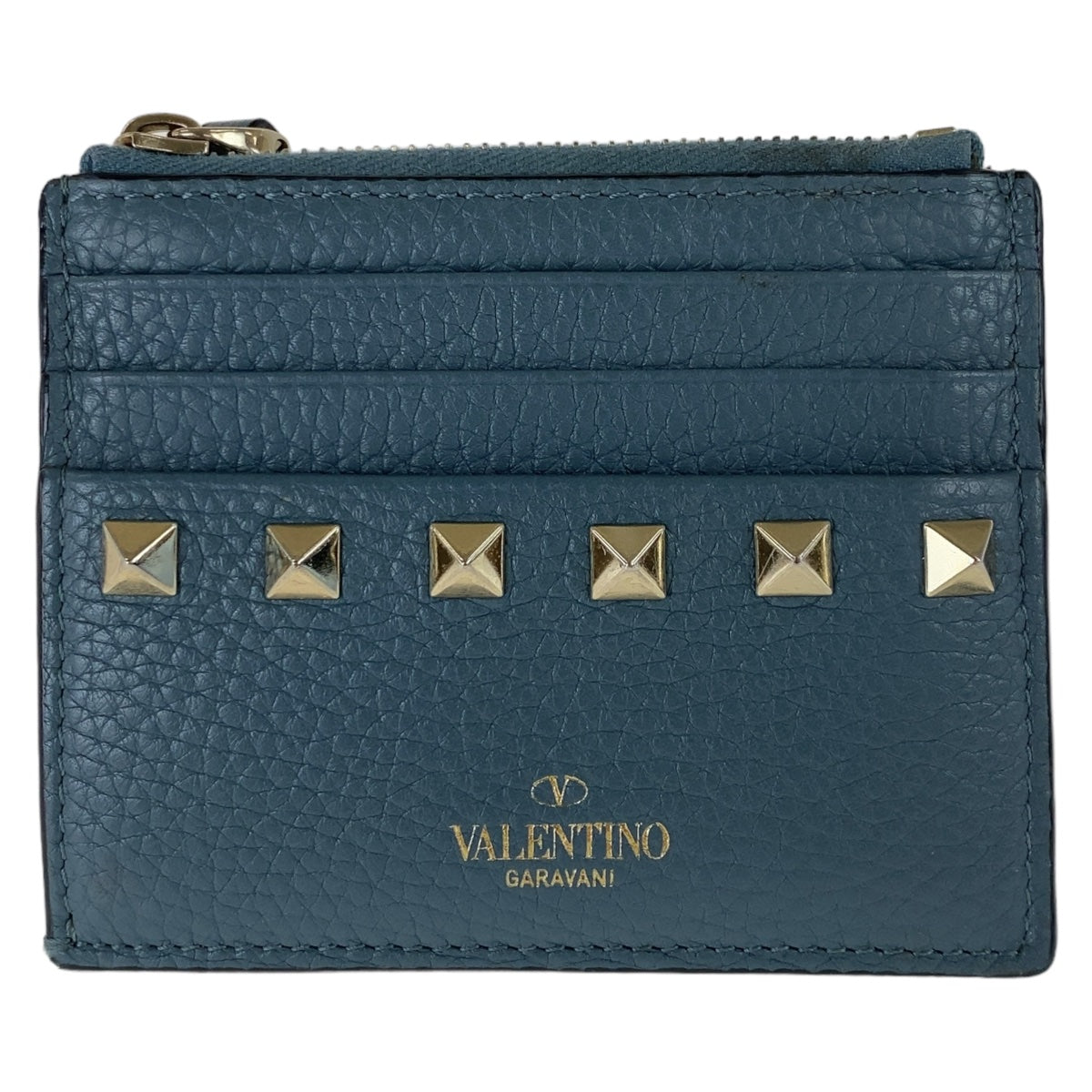 12261
 VALENTINO Valentino Rockstud Navy Gold Hardware Leather Coin Case Card Case Fragment Case Women's