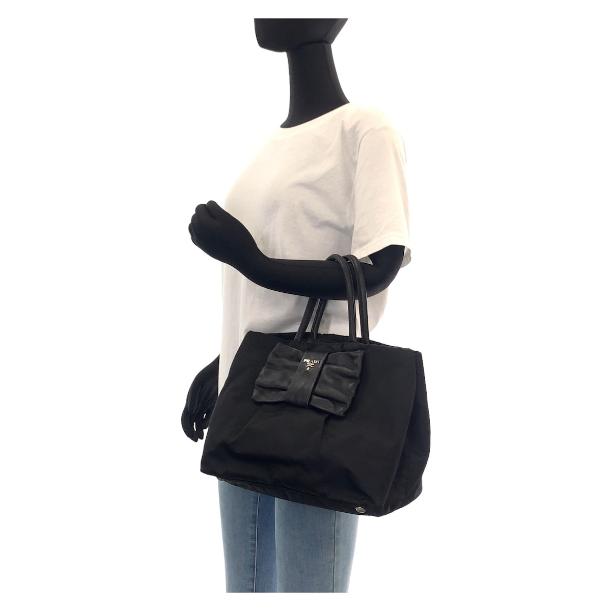 12251
PRADA プラダ テスート リボン ブラック 黒 シルバー金具 ナイロン / レザー トートバッグ ハンドバッグ  レディース