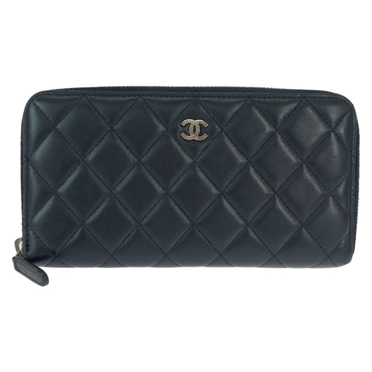 12234
 CHANEL Chanel Matelasse Coco Mark Black Silver Hardware Lambskin Long Wallet Round Zipper Women's