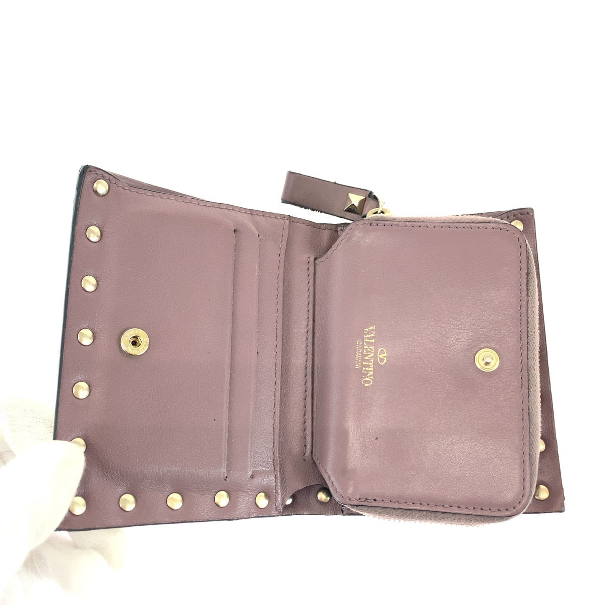18034
VALENTINO ヴァレンティノ ロックスタッズ パープル ゴールド金具 レザー TW2P0620BOL416 折財布 コンパクトウォレット  レディース AB17