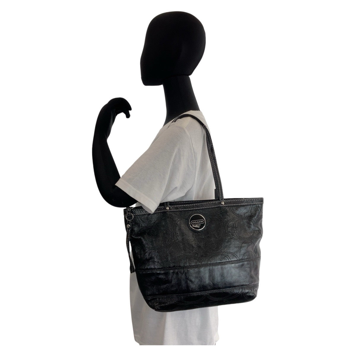 12217
 COACH Big Signature Black Silver Hardware Leather Tote Bag Shoulder Bag for Women