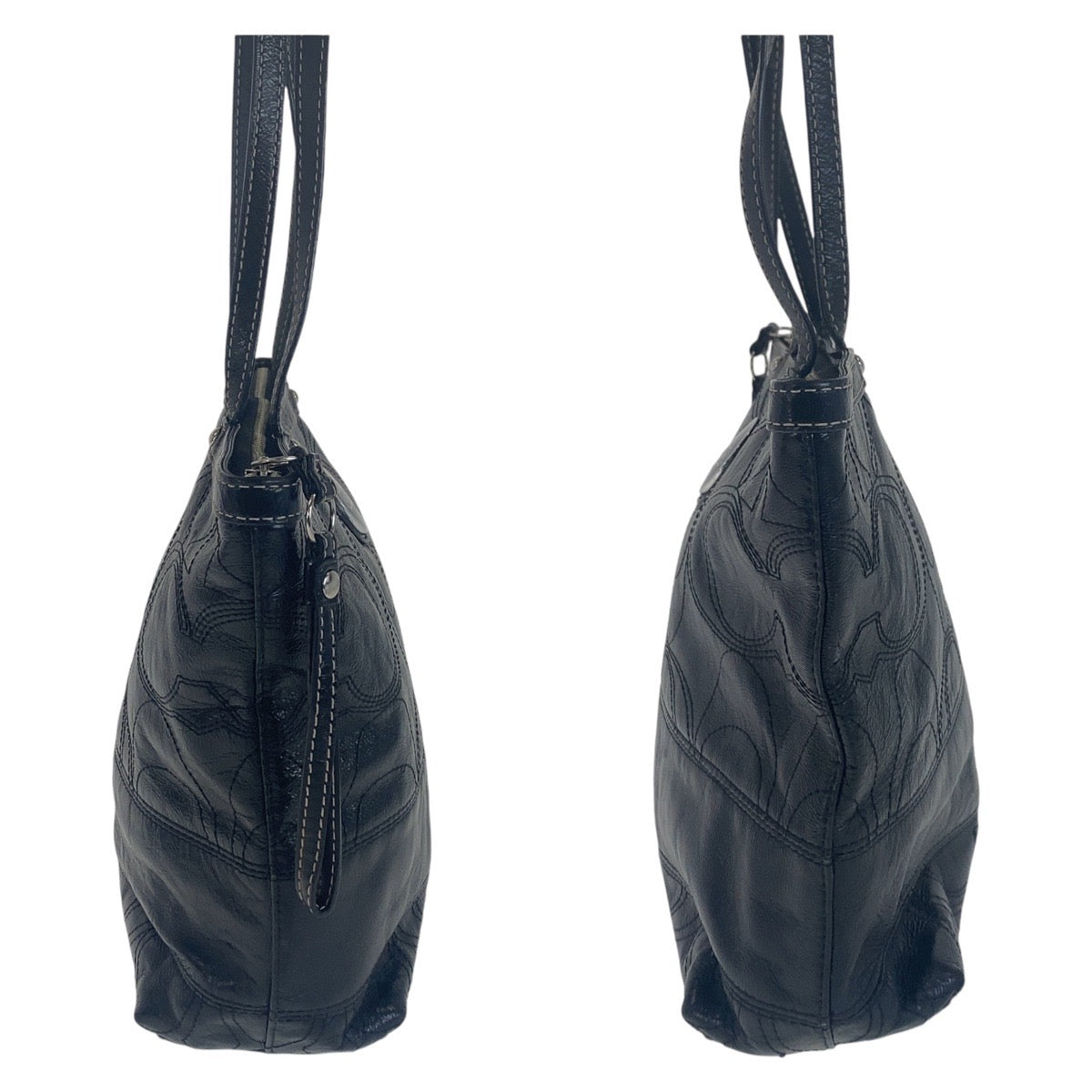 12217
 COACH Big Signature Black Silver Hardware Leather Tote Bag Shoulder Bag for Women