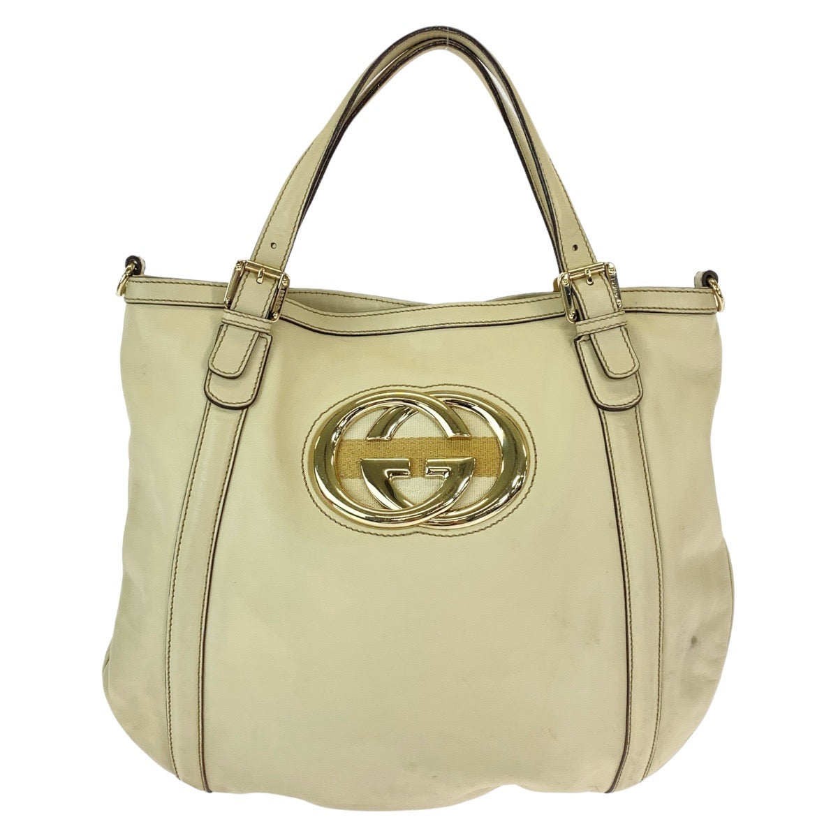 12203
GUCCI グッチ インターロッキング ニューブリット ホワイト ベージュ ゴールド金具 レザー 162336 トートバッグ ショルダーバッグ  レディース
