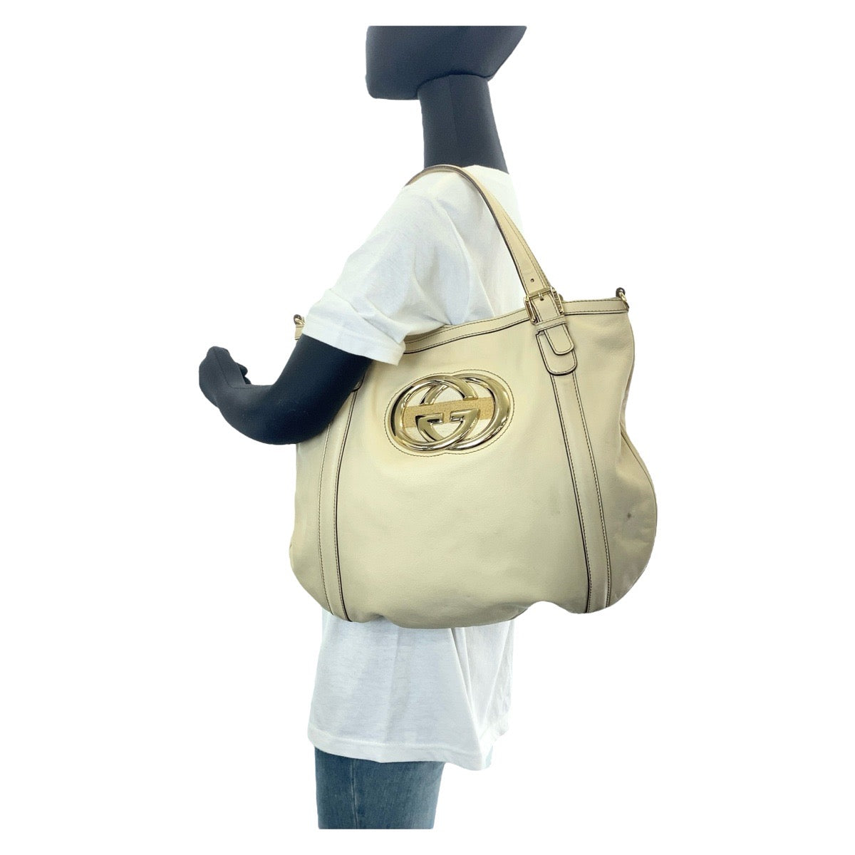 12203
GUCCI グッチ インターロッキング ニューブリット ホワイト ベージュ ゴールド金具 レザー 162336 トートバッグ ショルダーバッグ  レディース