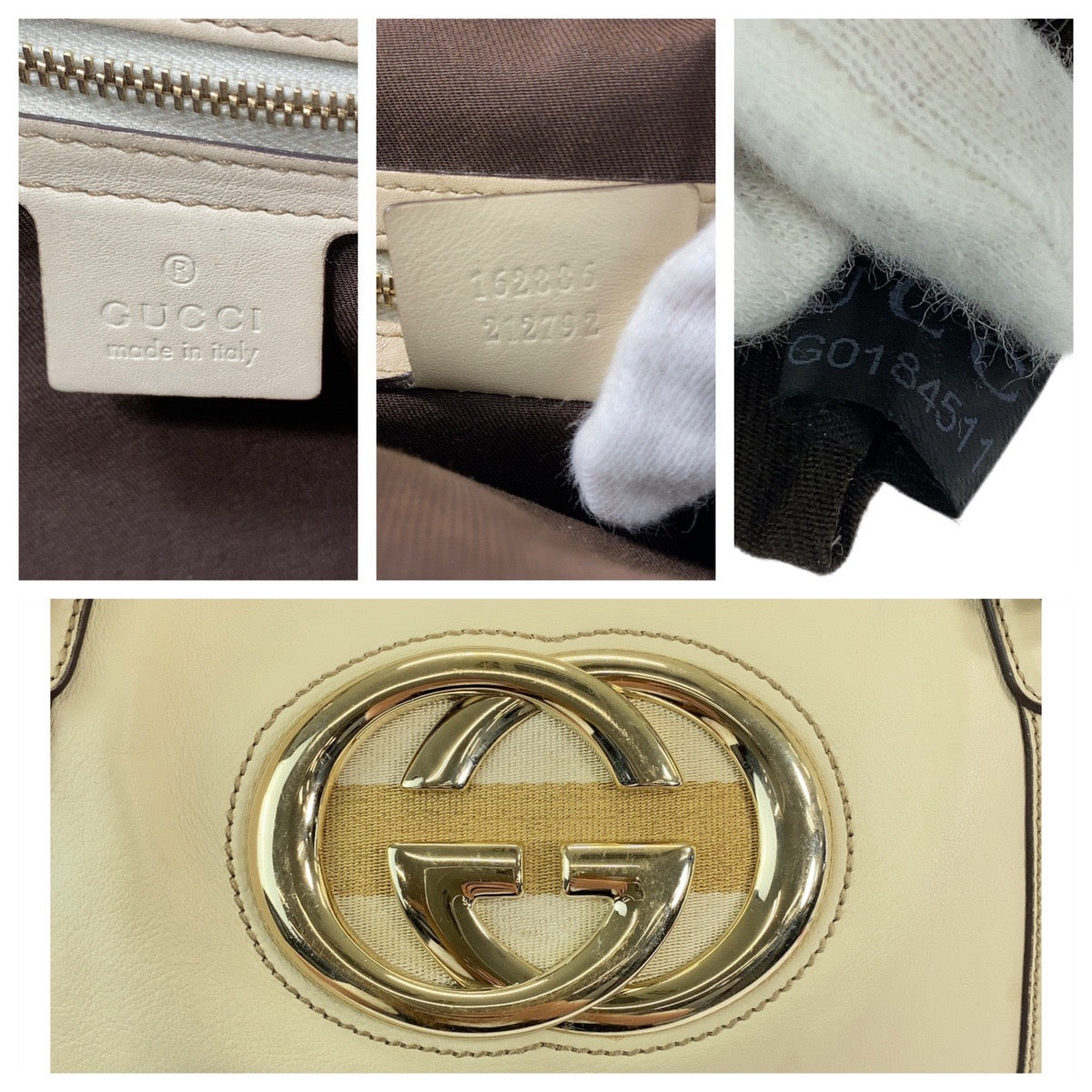 12203
GUCCI グッチ インターロッキング ニューブリット ホワイト ベージュ ゴールド金具 レザー 162336 トートバッグ ショルダーバッグ  レディース