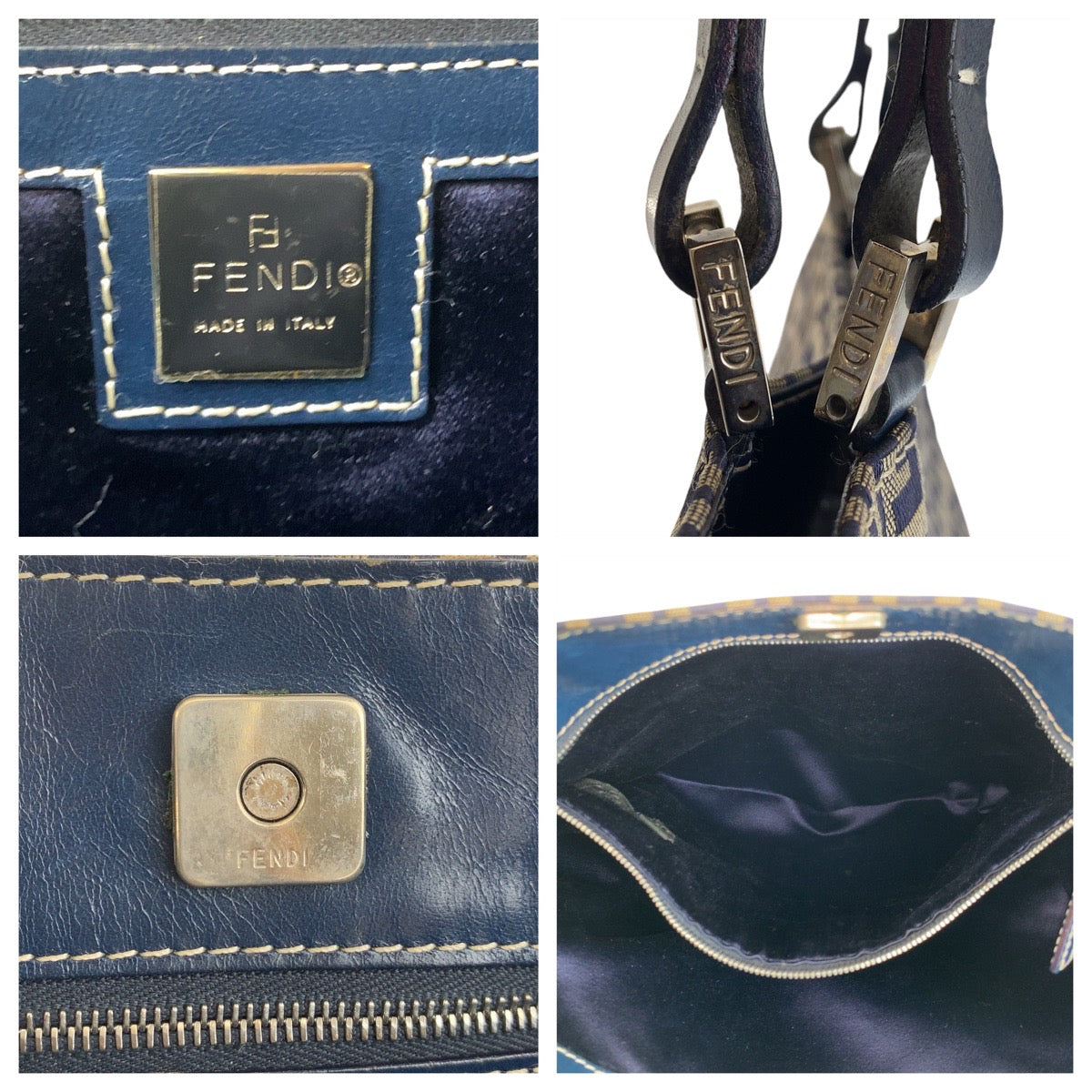 FENDI フェンディ ズッキーノ グレー ネイビー シルバー金具 キャンバス / レザー トートバッグ ショルダーバッグ  レディース