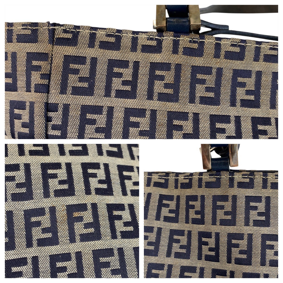 FENDI フェンディ ズッキーノ グレー ネイビー シルバー金具 キャンバス / レザー トートバッグ ショルダーバッグ  レディース