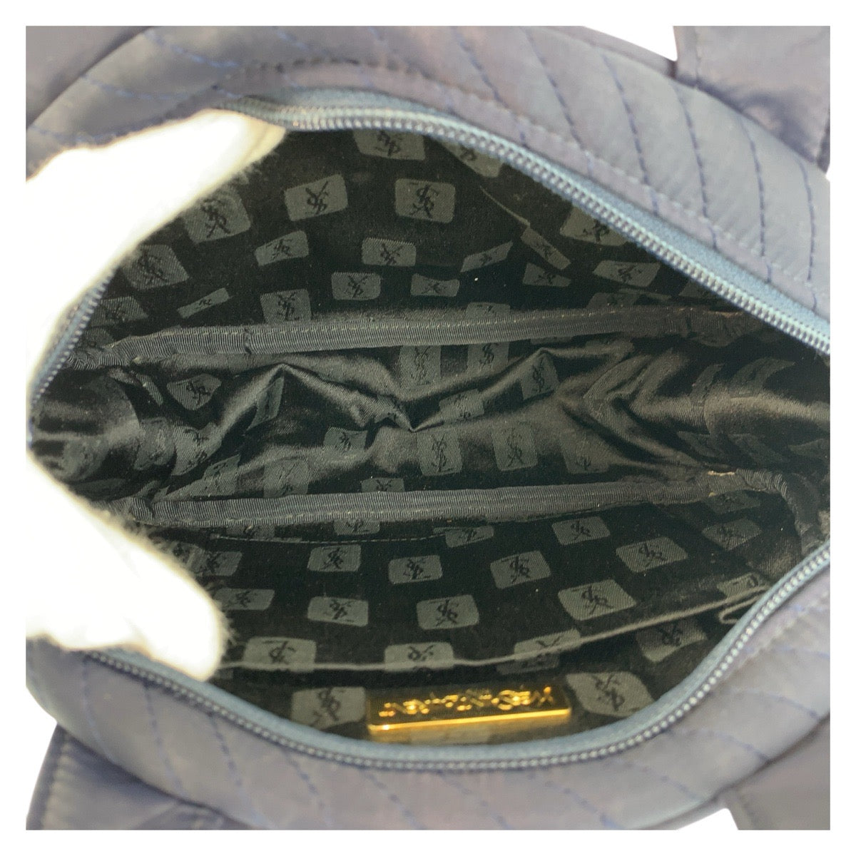 YVES SAINT LAURENT イヴ サンローラン YSL ネイビー シルバー金具 ナイロン ハンドバッグ  レディース