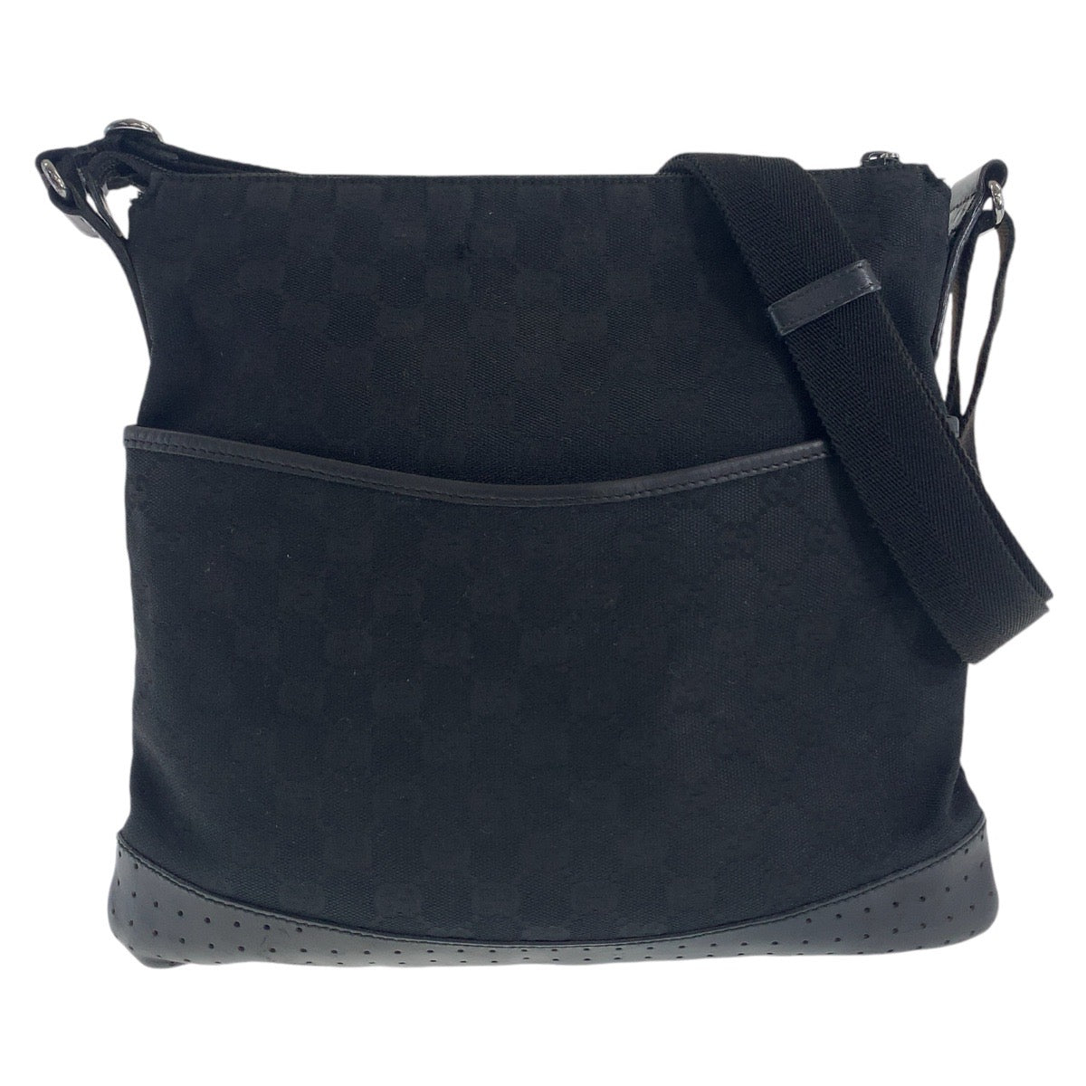 12199
GUCCI グッチ ブラック シルバー金具 GGキャンバス / レザー 145857 斜め掛け ショルダーバッグ ポシェット  レディース
