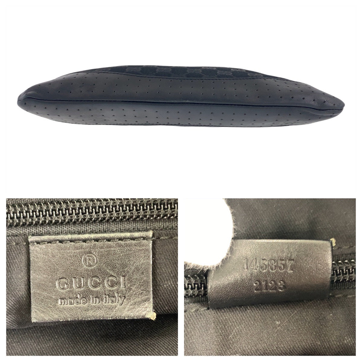 12199
GUCCI グッチ ブラック シルバー金具 GGキャンバス / レザー 145857 斜め掛け ショルダーバッグ ポシェット  レディース