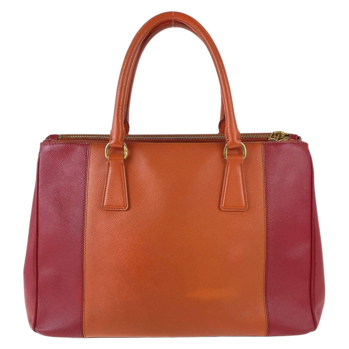 12190
 PRADA Prada Saffiano Triangle Logo Plate Orange Red Bicolor Gold Hardware Leather Handbag Tote Bag Women's