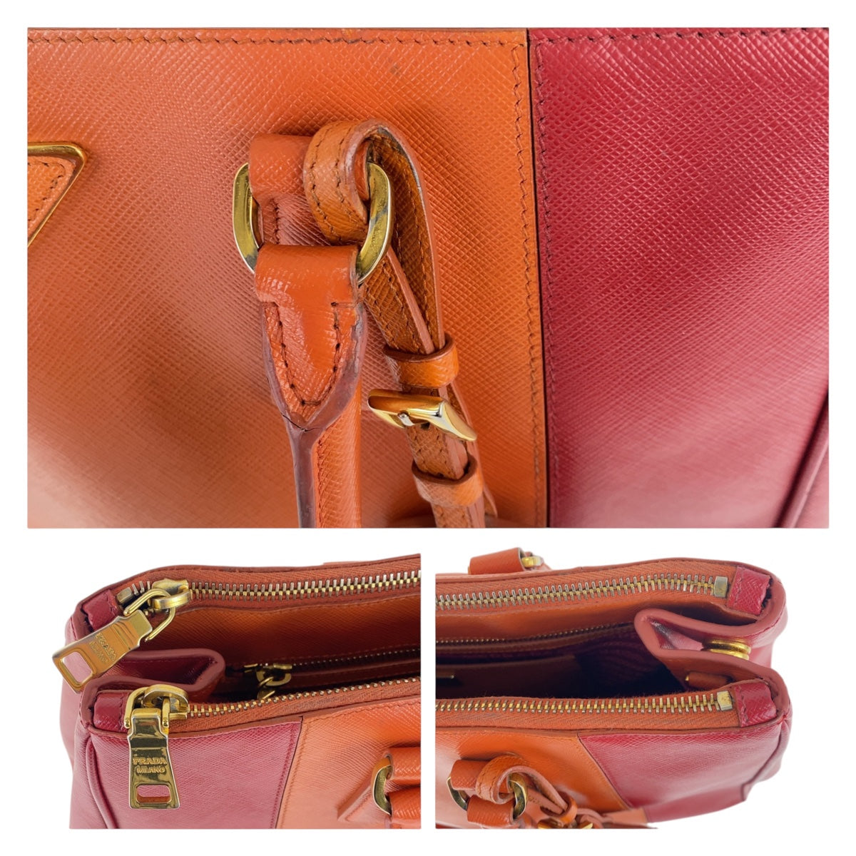 12190
 PRADA Prada Saffiano Triangle Logo Plate Orange Red Bicolor Gold Hardware Leather Handbag Tote Bag Women's