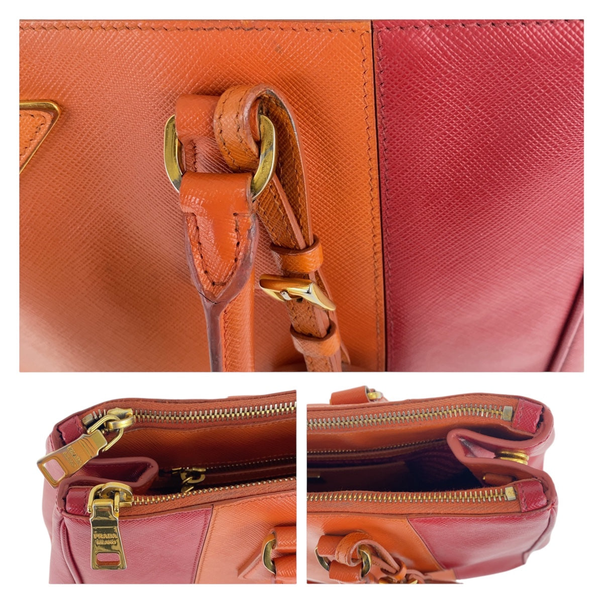 12190
PRADA プラダ サフィアーノ 三角ロゴプレート オレンジ レッド バイカラー ゴールド金具 レザー ハンドバッグ トートバッグ  レディース AB40