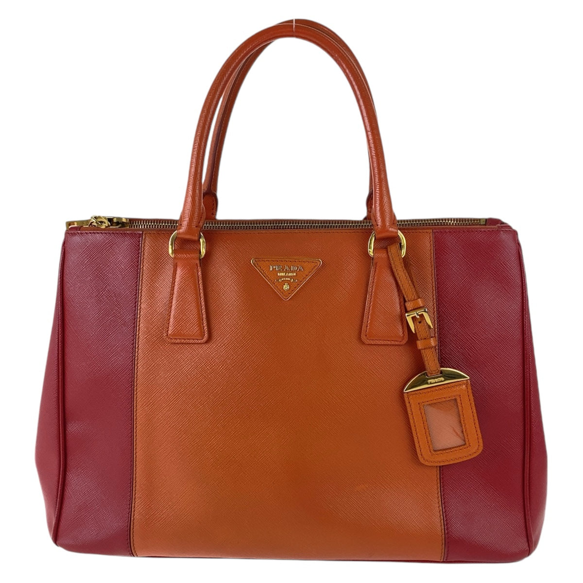 12190
 PRADA Prada Saffiano Triangle Logo Plate Orange Red Bicolor Gold Hardware Leather Handbag Tote Bag Women's