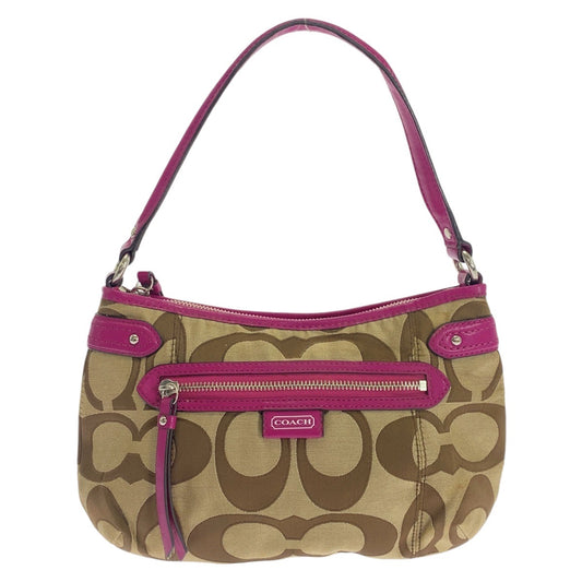 12171
COACH コーチ シグネチャー ブラウン ピンク シルバー金具 キャンバス / レザー ホーボー ショルダーバッグ  レディース