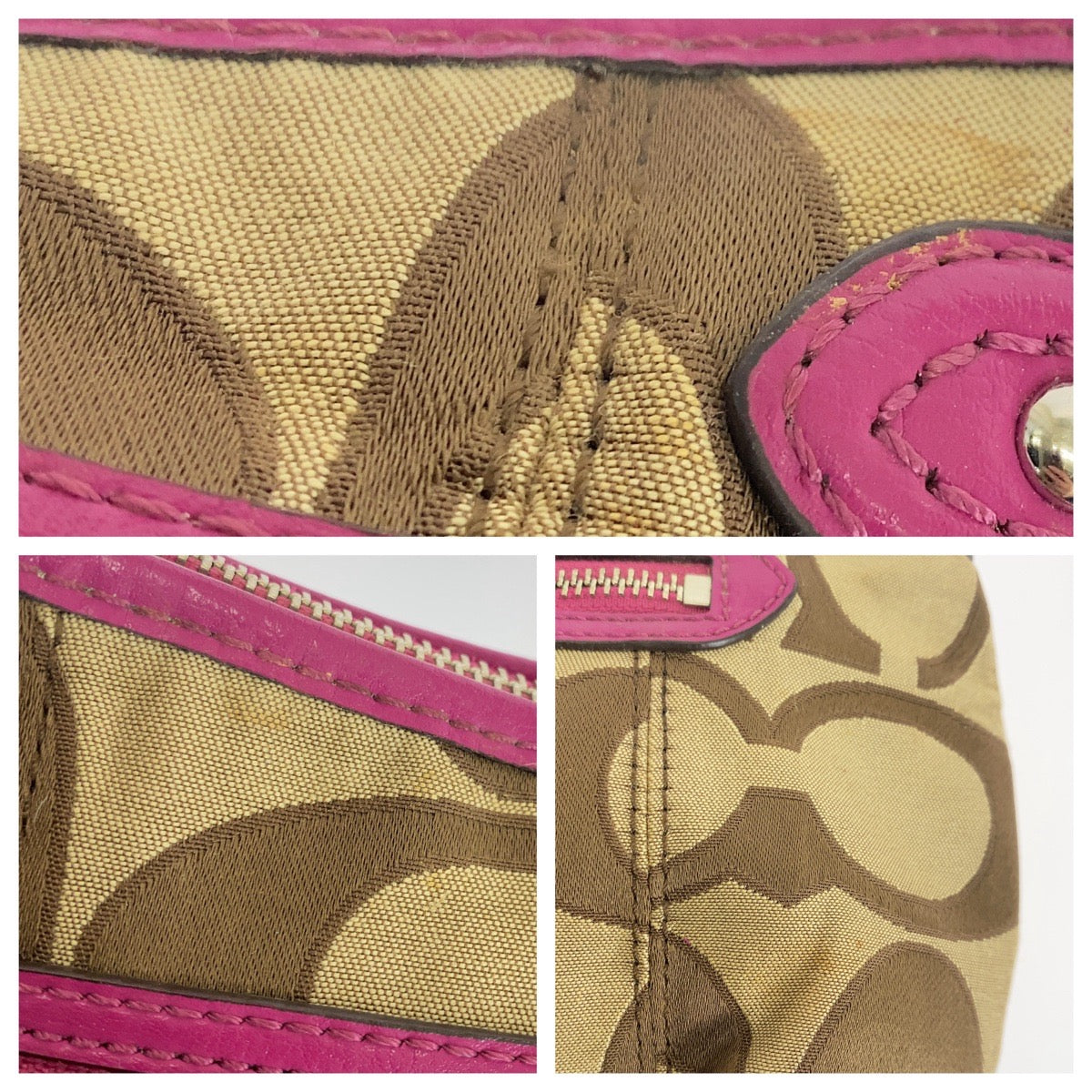 12171
COACH コーチ シグネチャー ブラウン ピンク シルバー金具 キャンバス / レザー ホーボー ショルダーバッグ  レディース