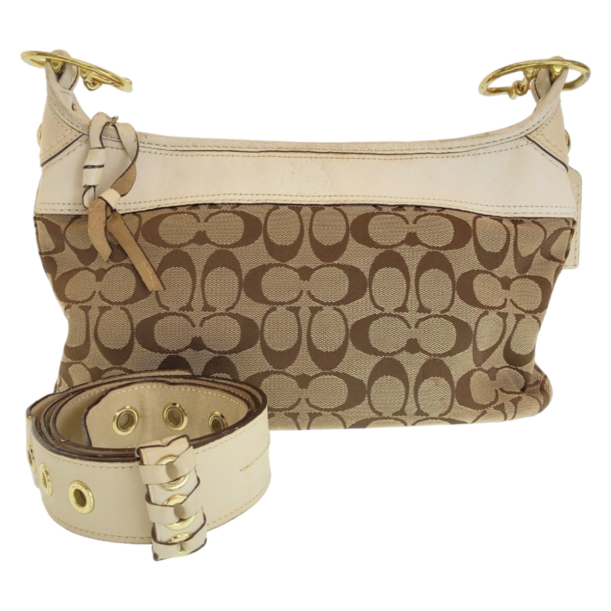 12161
 COACH Signature Beige White Gold Hardware Canvas/Leather Shoulder Bag Pochette Crossbody Bag for Women