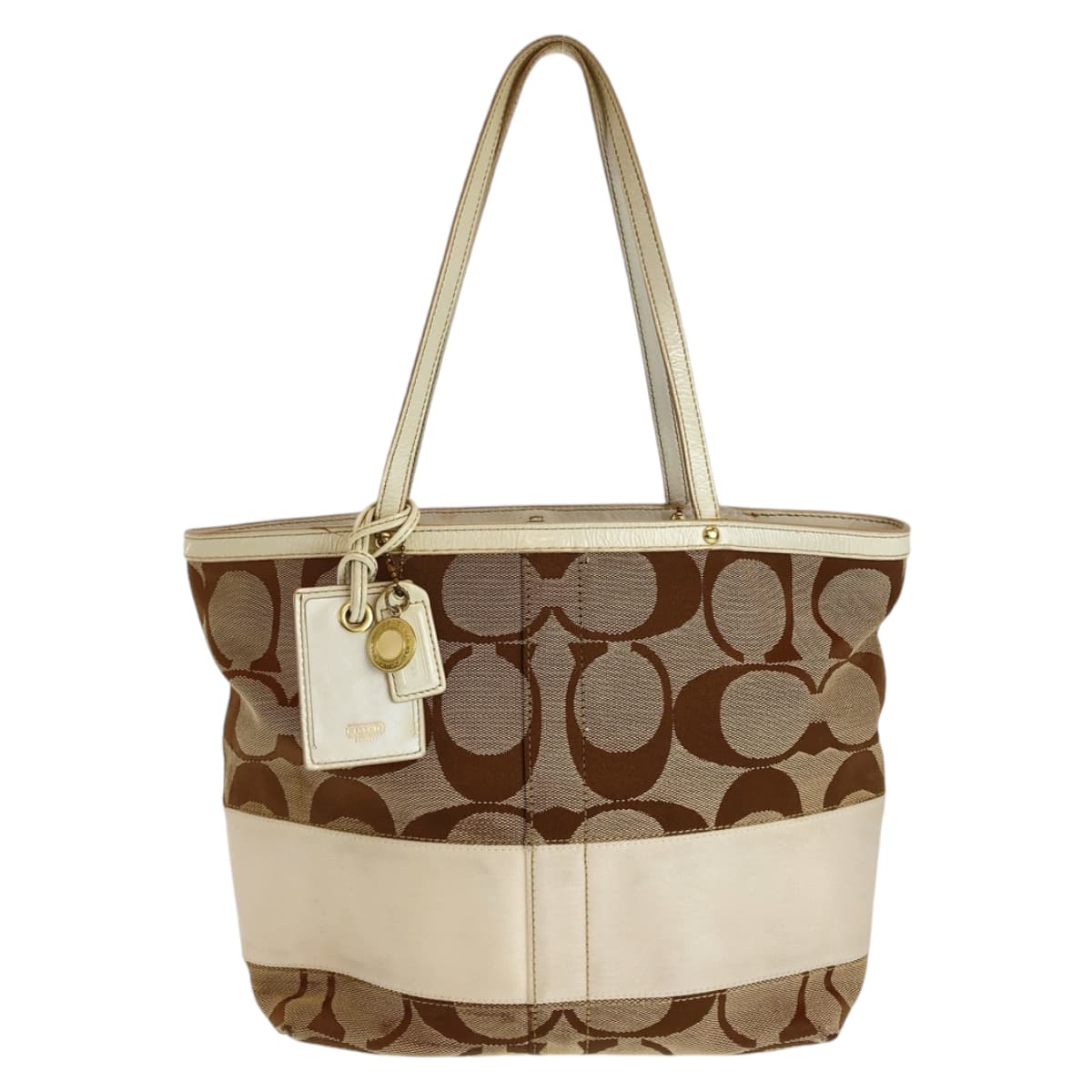 12154
COACH コーチ シグネチャー ブラウン ベージュ ホワイト ゴールド金具 キャンバス / レザー トートバッグ ショルダーバッグ  レディース AB5