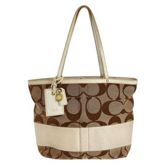 12154
COACH コーチ シグネチャー ブラウン ベージュ ホワイト ゴールド金具 キャンバス / レザー トートバッグ ショルダーバッグ  レディース AB5