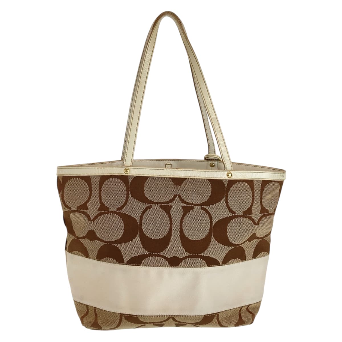 12154
COACH コーチ シグネチャー ブラウン ベージュ ホワイト ゴールド金具 キャンバス / レザー トートバッグ ショルダーバッグ  レディース AB5
