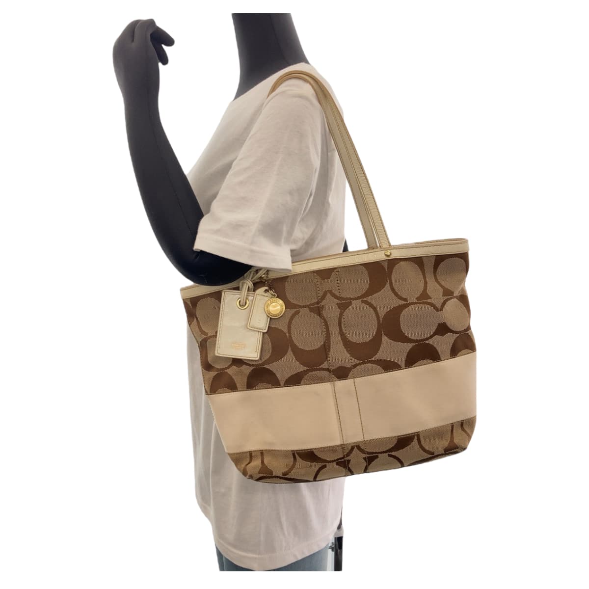 12154
COACH コーチ シグネチャー ブラウン ベージュ ホワイト ゴールド金具 キャンバス / レザー トートバッグ ショルダーバッグ  レディース AB5