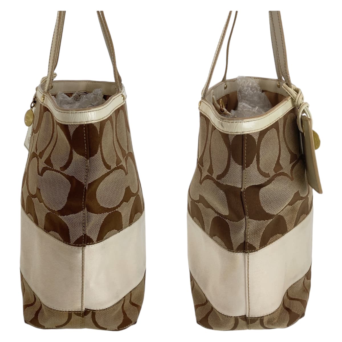12154
COACH コーチ シグネチャー ブラウン ベージュ ホワイト ゴールド金具 キャンバス / レザー トートバッグ ショルダーバッグ  レディース AB5