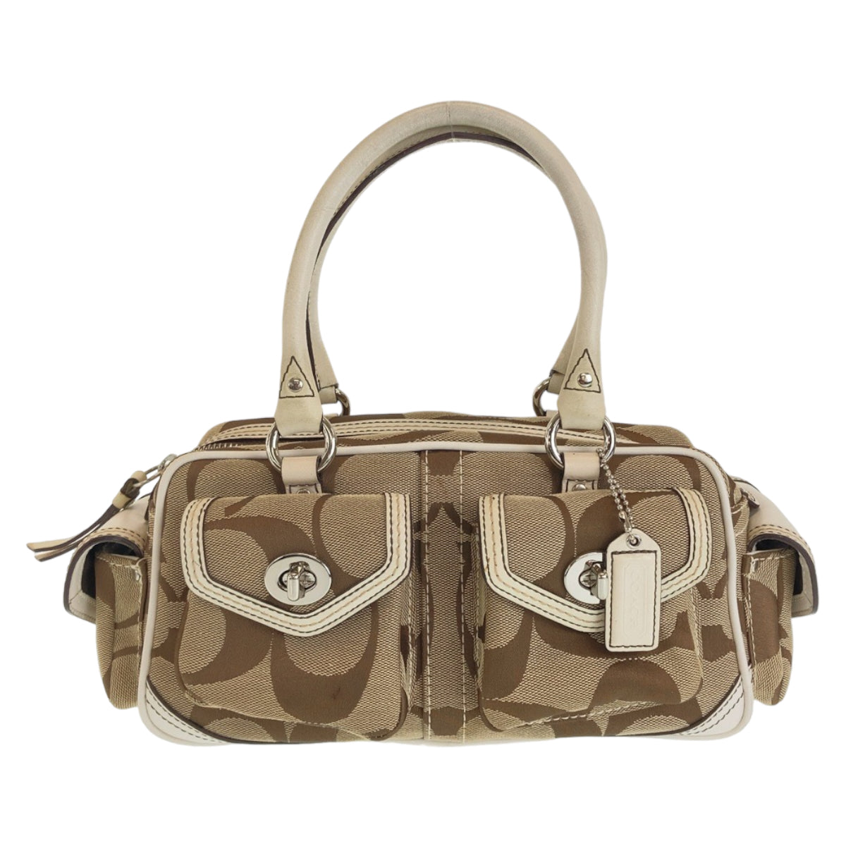 COACH コーチ シグネチャー ブラウン ホワイト シルバー金具 キャンバス / レザー ハンドバッグ  レディース