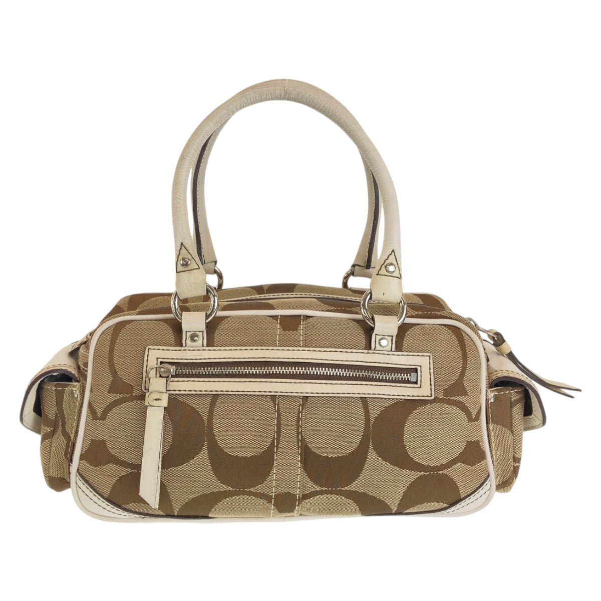 COACH コーチ シグネチャー ブラウン ホワイト シルバー金具 キャンバス / レザー ハンドバッグ  レディース