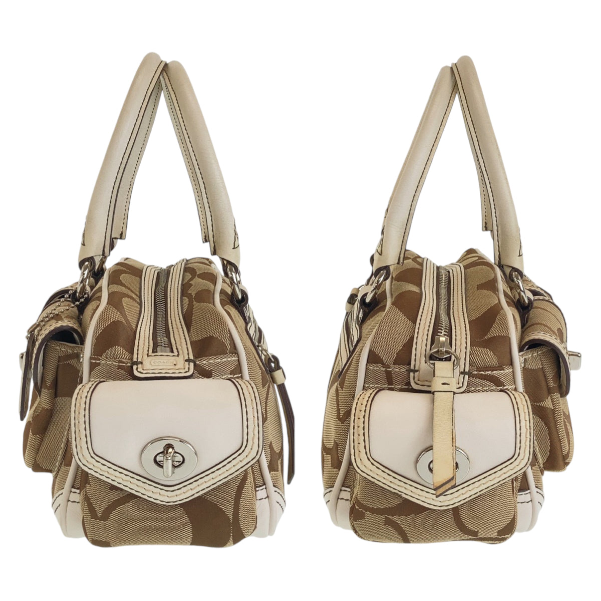 COACH コーチ シグネチャー ブラウン ホワイト シルバー金具 キャンバス / レザー ハンドバッグ  レディース