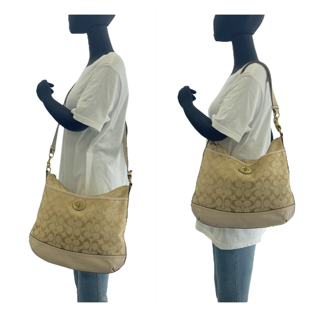 12148
 COACH Signature Beige Light Blue Gold Hardware Canvas/Leather Hobo Shoulder Bag Crossbody Bag for Women