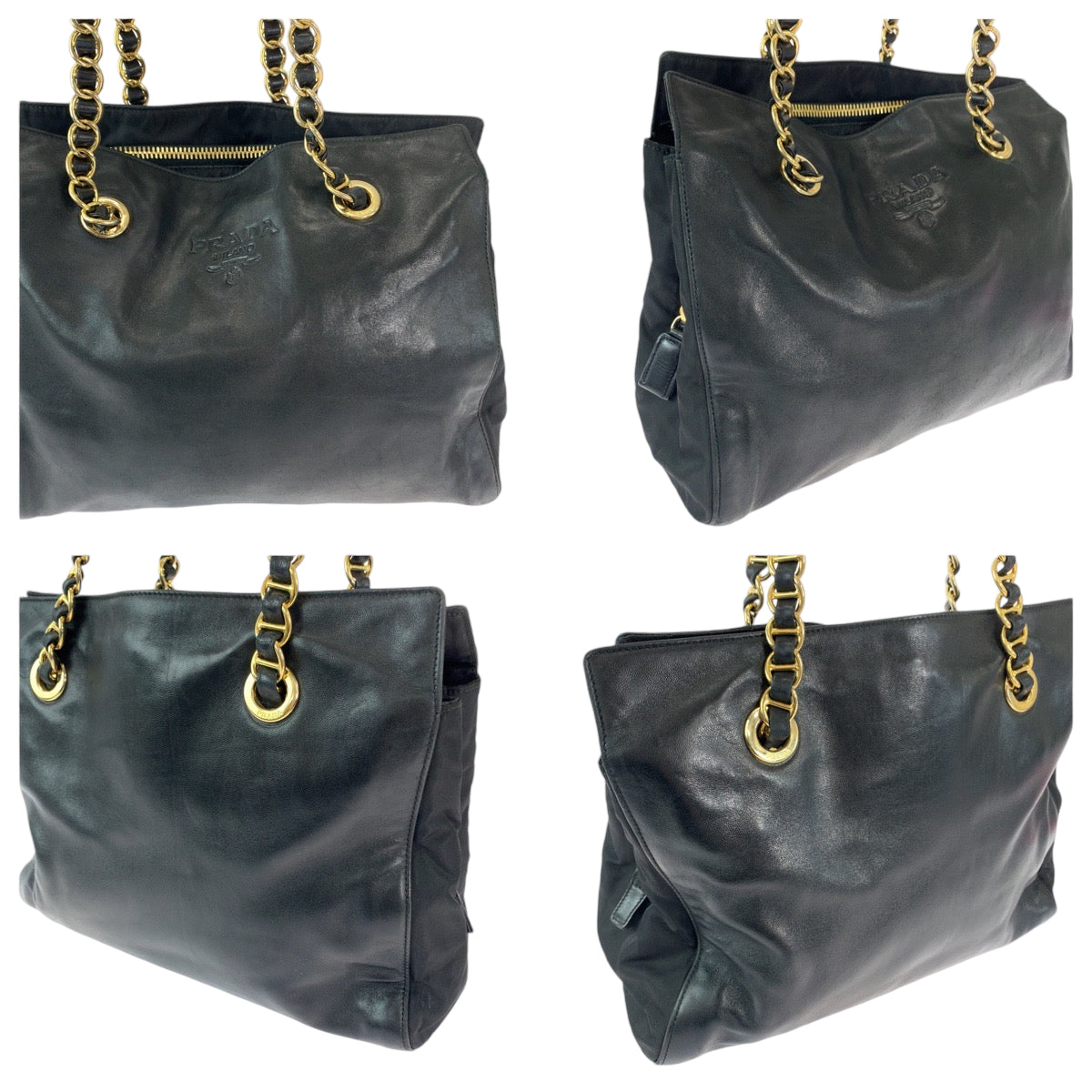 12131
PRADA プラダ ヴィンテージ ロゴ型押し ブラック 黒 ゴールド金具 レザー B4328 トートバッグ ショルダーバッグ  レディース AB33