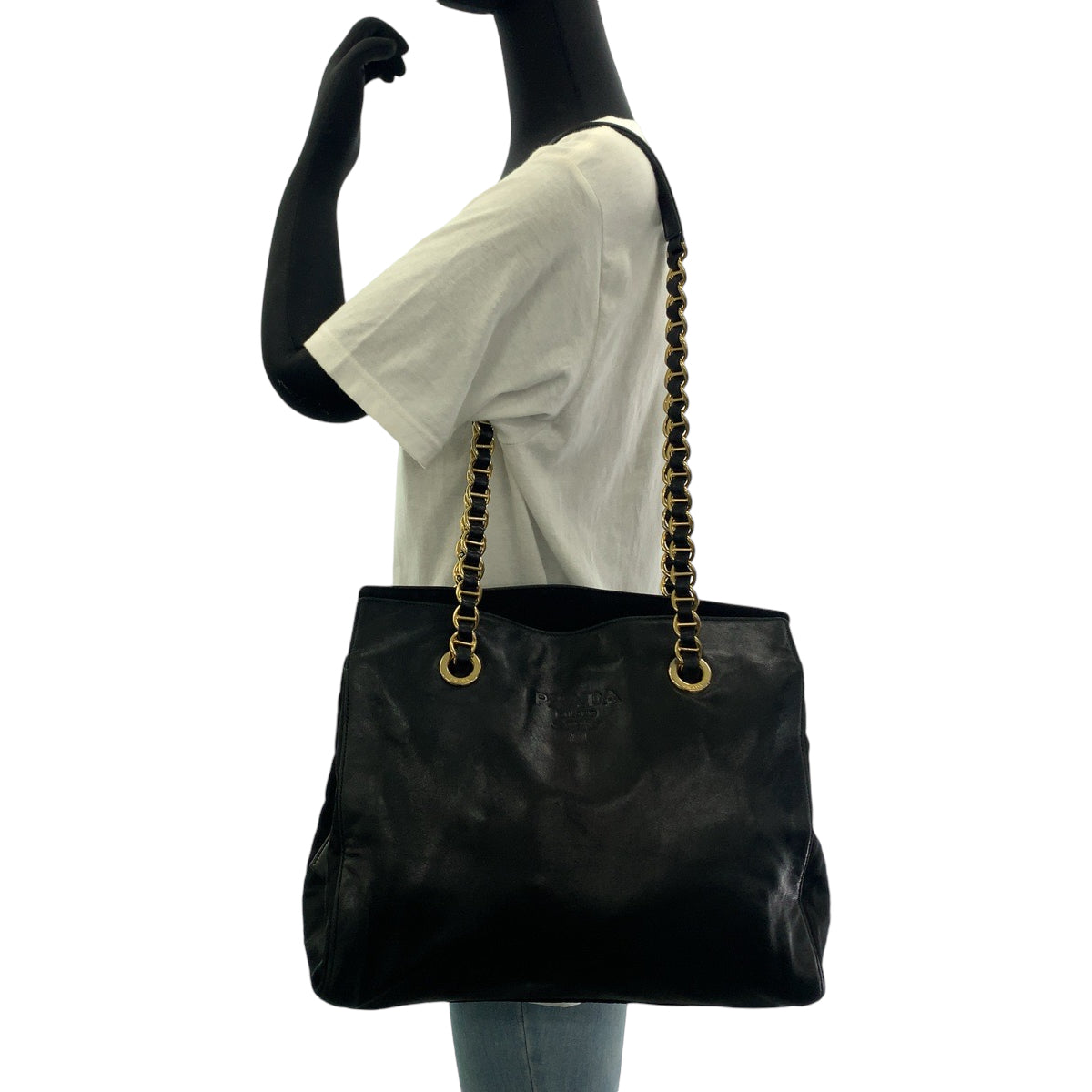 12131
PRADA プラダ ヴィンテージ ロゴ型押し ブラック 黒 ゴールド金具 レザー B4328 トートバッグ ショルダーバッグ  レディース AB33
