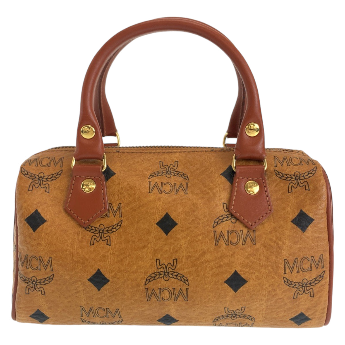 12125
 MCM Vintage Logogram Cognac Brown Gold Hardware Leather HK362 Shoulder Bag Mini Boston Bag Handbag 2way Women's