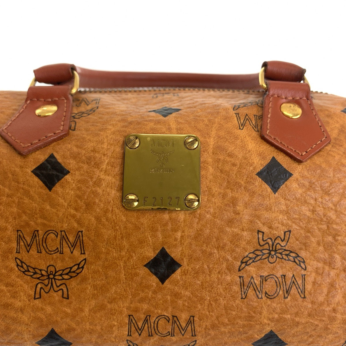 12125
 MCM Vintage Logogram Cognac Brown Gold Hardware Leather HK362 Shoulder Bag Mini Boston Bag Handbag 2way Women's