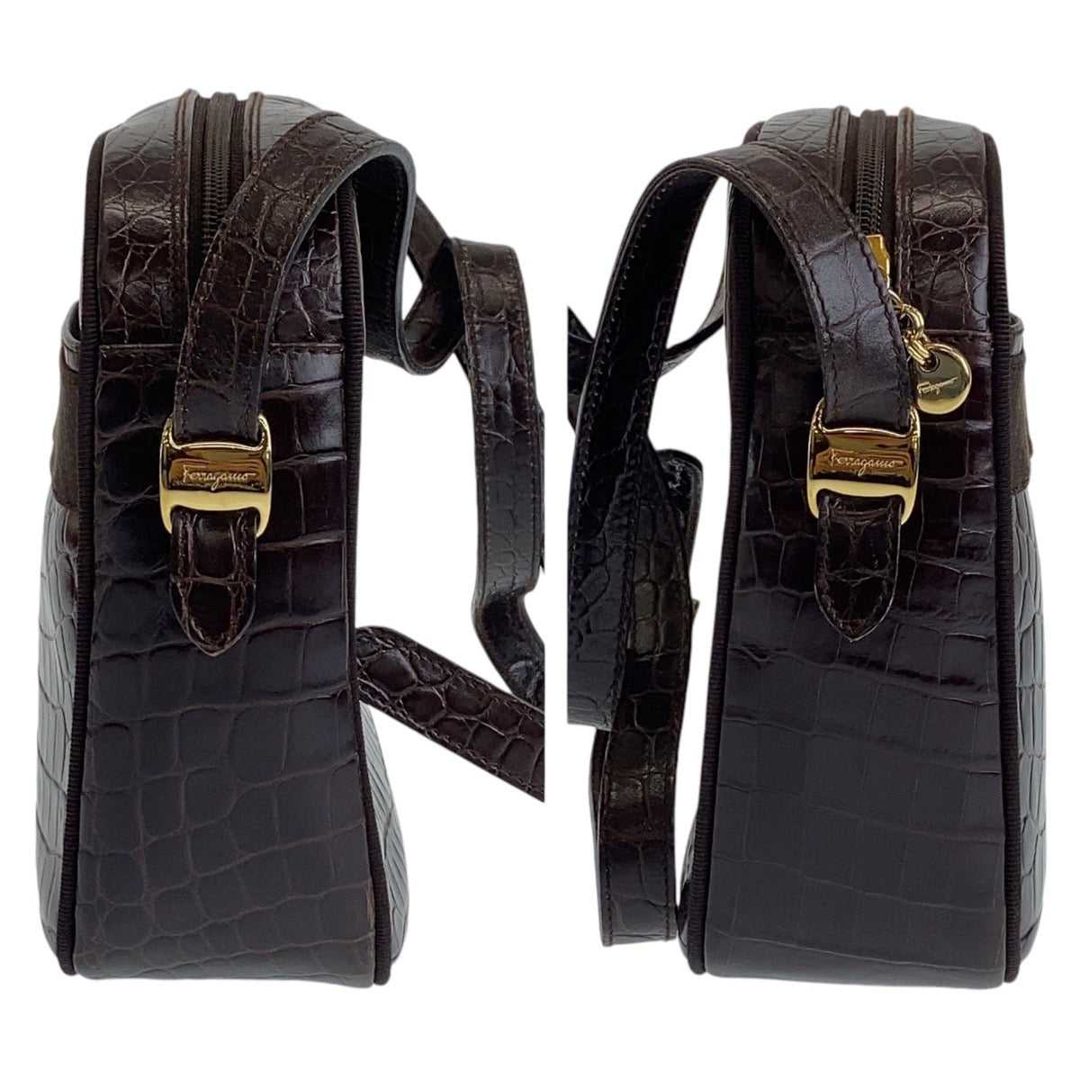 12115
Salvatore Ferragamo サルヴァトーレフェラガモ 型押し ブラウン ゴールド金具 レザー 斜め掛け ショルダーバッグ ポシェット  レディース