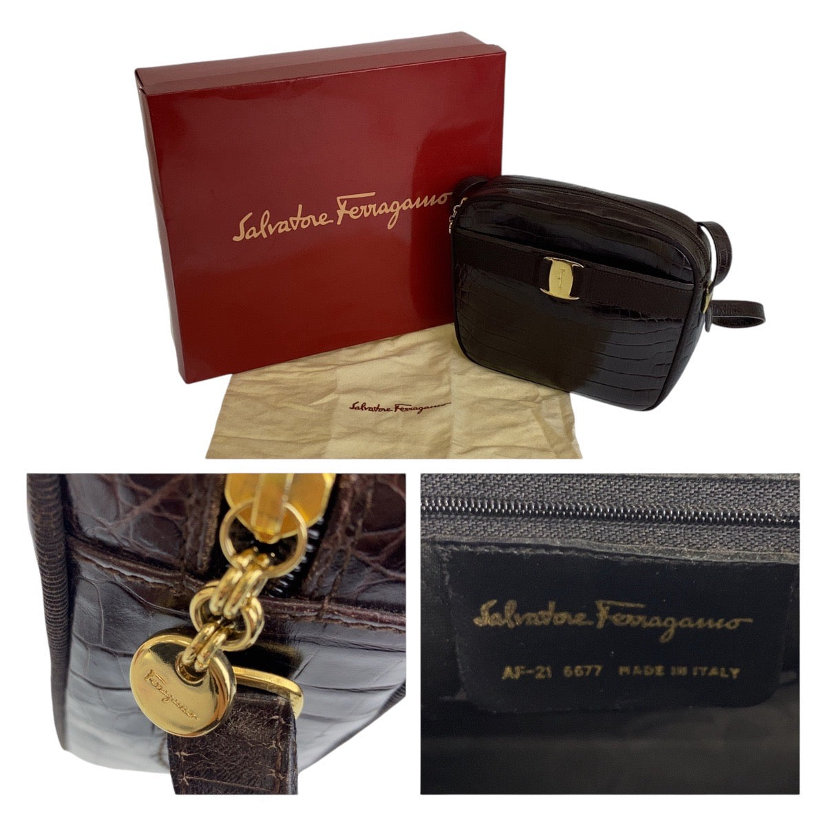 12115
Salvatore Ferragamo サルヴァトーレフェラガモ 型押し ブラウン ゴールド金具 レザー 斜め掛け ショルダーバッグ ポシェット  レディース