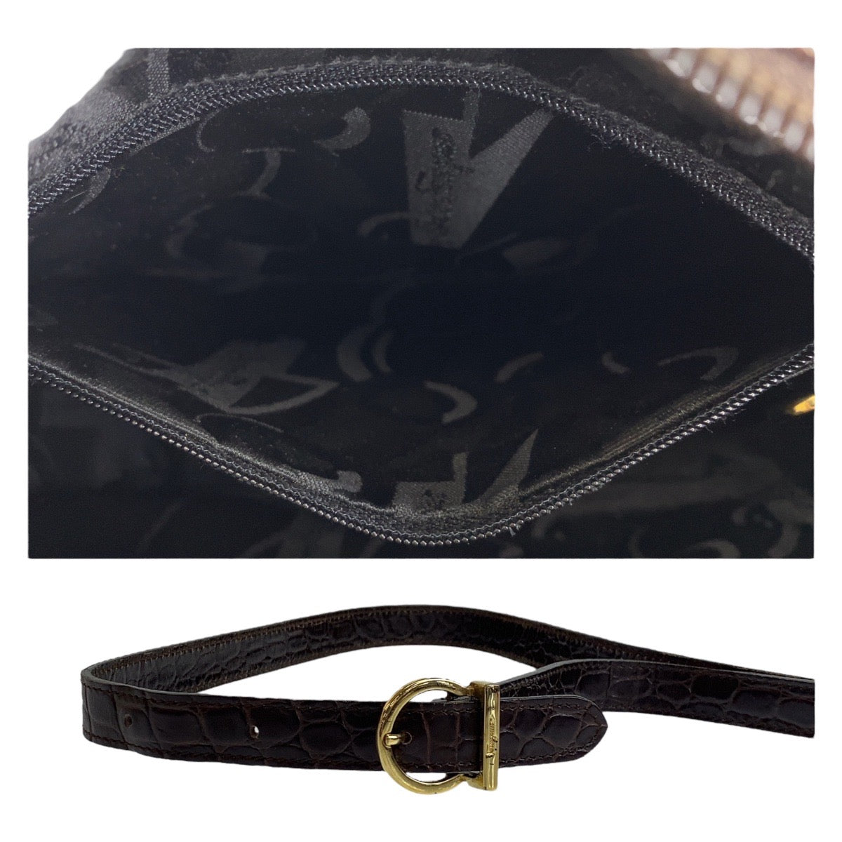 12115
Salvatore Ferragamo サルヴァトーレフェラガモ 型押し ブラウン ゴールド金具 レザー 斜め掛け ショルダーバッグ ポシェット  レディース