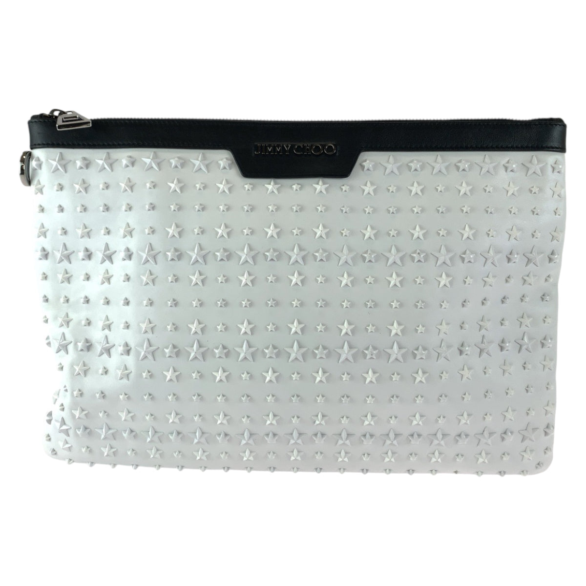 18018
JIMMY CHOO ジミーチュウ DEREK スタースタッズ ホワイト ブラック シルバー金具 レザー クラッチバッグ セカンドバッグ  メンズ AB27