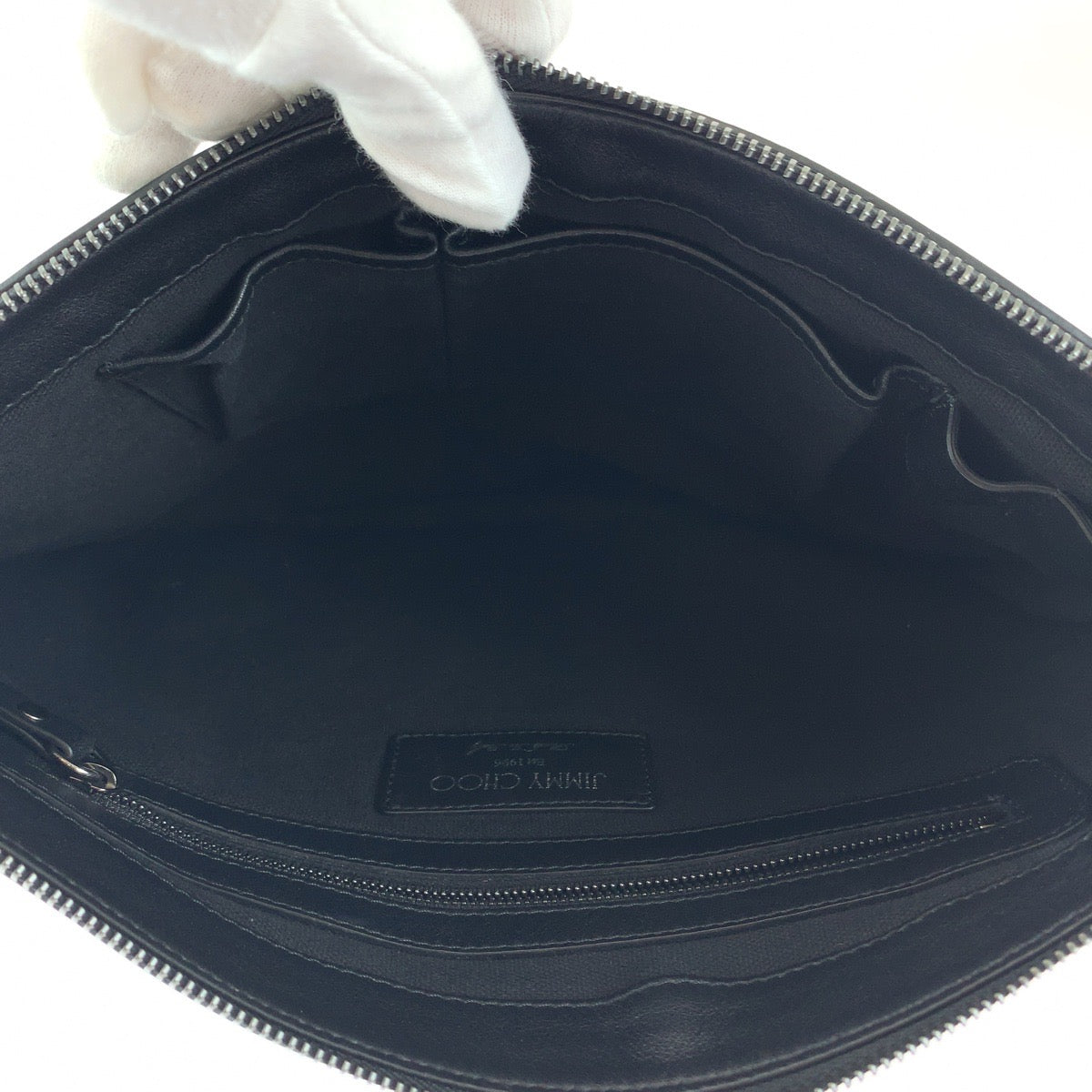 18018
JIMMY CHOO ジミーチュウ DEREK スタースタッズ ホワイト ブラック シルバー金具 レザー クラッチバッグ セカンドバッグ  メンズ AB27