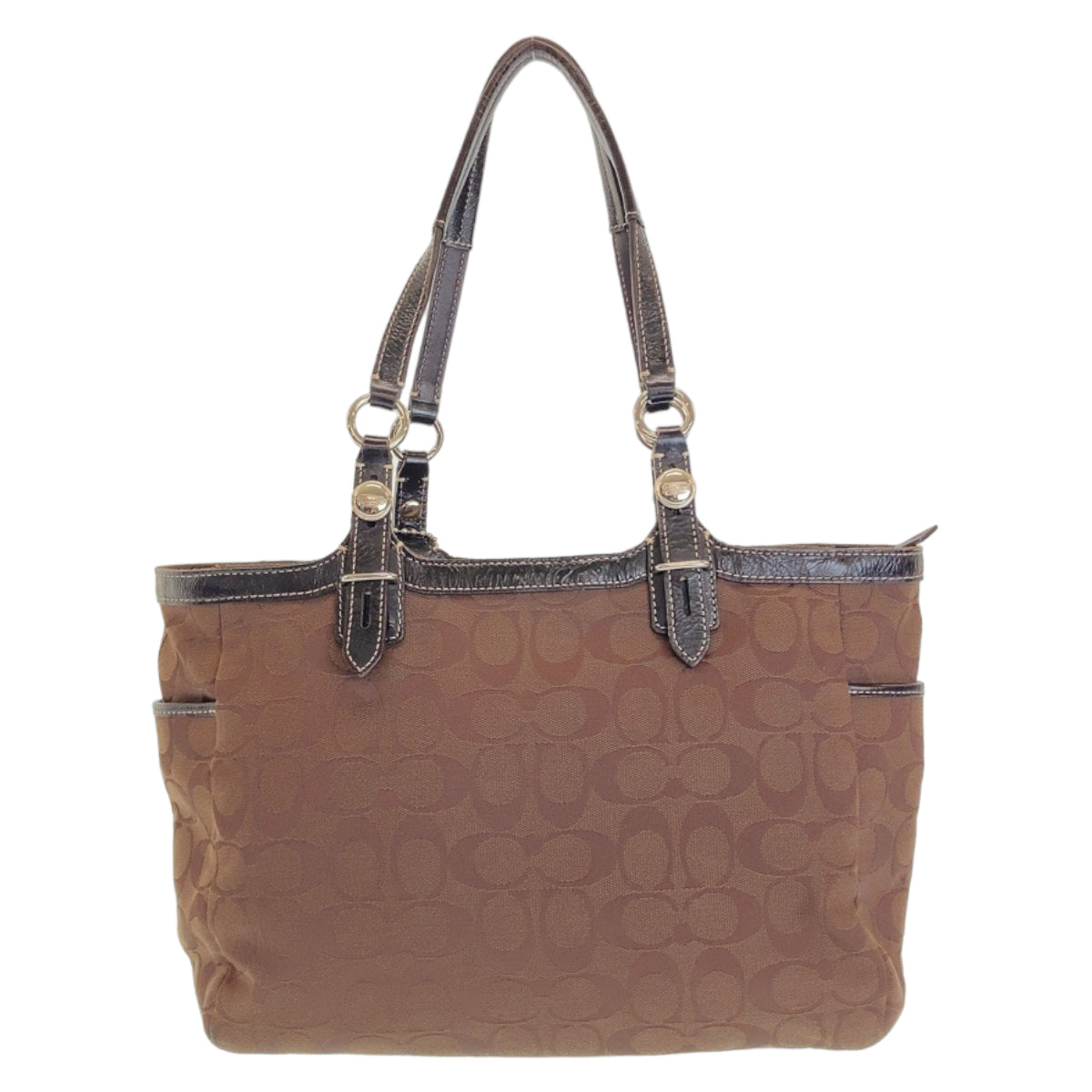 12087
COACH コーチ シグネチャー ブラウン シルバー金具 キャンバス トートバッグ ショルダーバッグ  レディース AB5