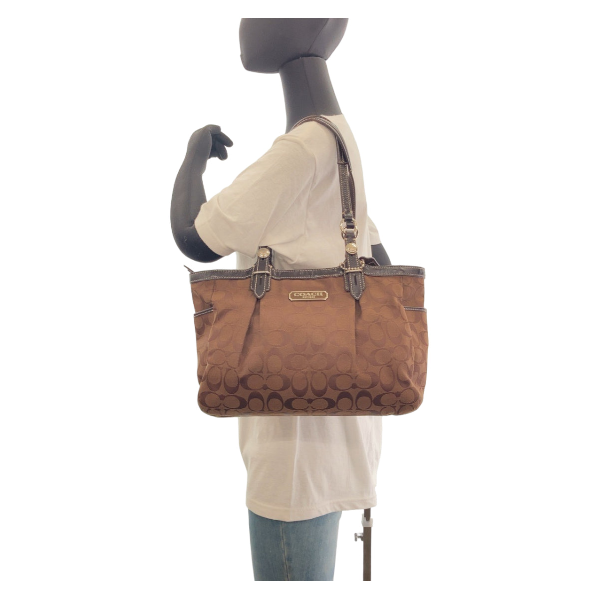 12087
COACH コーチ シグネチャー ブラウン シルバー金具 キャンバス トートバッグ ショルダーバッグ  レディース AB5
