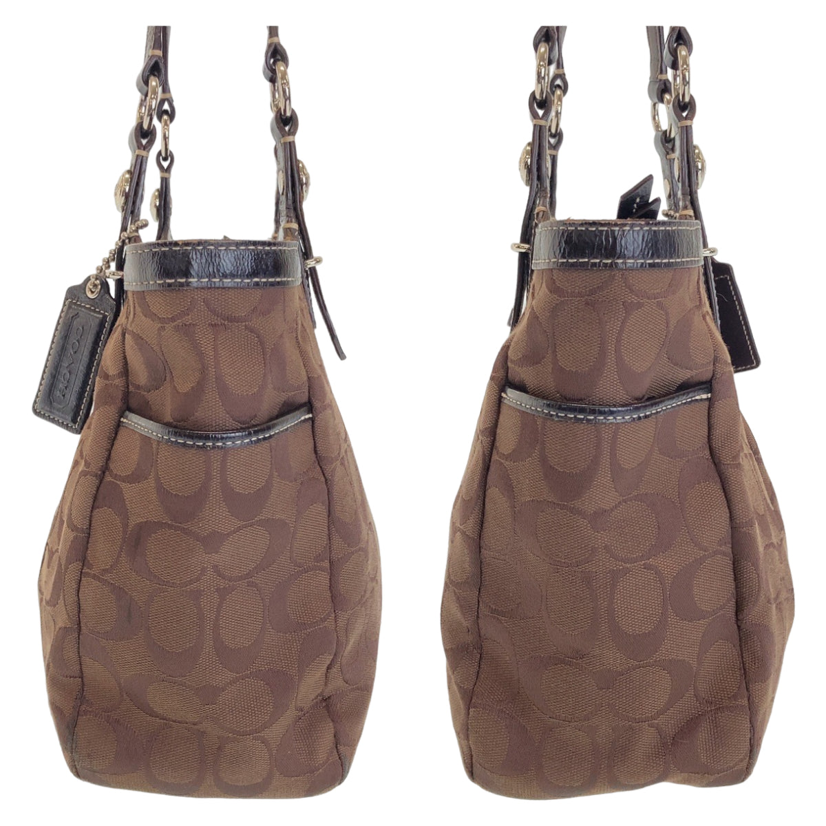 12087
COACH コーチ シグネチャー ブラウン シルバー金具 キャンバス トートバッグ ショルダーバッグ  レディース AB5